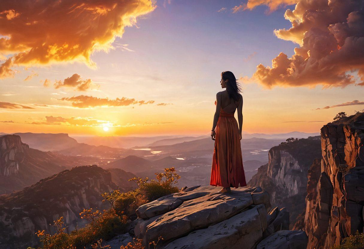 A powerful woman standing confidently on a cliff, overlooking a vast landscape filled with diverse flora and fauna, symbolizing different perspectives of femininity. Surround her with ethereal light and soft shadows that represent strength and vulnerability. Include silhouettes of women from various cultures in the background, showcasing unity and diversity. The sky is bright and colorful, with a sunset that merges warm and cool tones, enhancing the feeling of empowerment. vibrant colors. super-realistic. atmospheric.