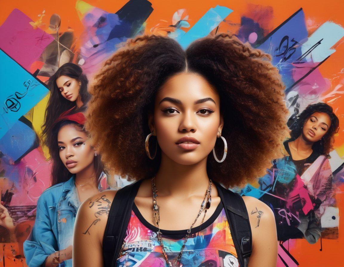 A vibrant collage featuring diverse young women expressing their identities through fashion, art, and technology, with elements symbolizing youth culture like music notes, social media icons, and graffiti. The background should showcase an urban environment with colorful murals and empowering quotes. Highlight their confident expressions and unique styles that represent individuality and strength. dynamic and energetic atmosphere. bright colors. digital art.