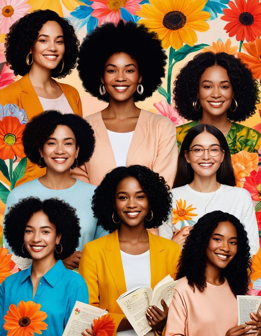 A vibrant collage showcasing a group of diverse women of different ages, ethnicities, and backgrounds, each expressing their individuality through fashion, art, and joyful gestures. The background features symbols of empowerment like flowers and books, radiating warmth and positivity. Soft, glowing light surrounds them to symbolize hope and unity. super-realistic. vibrant colors. warm background.